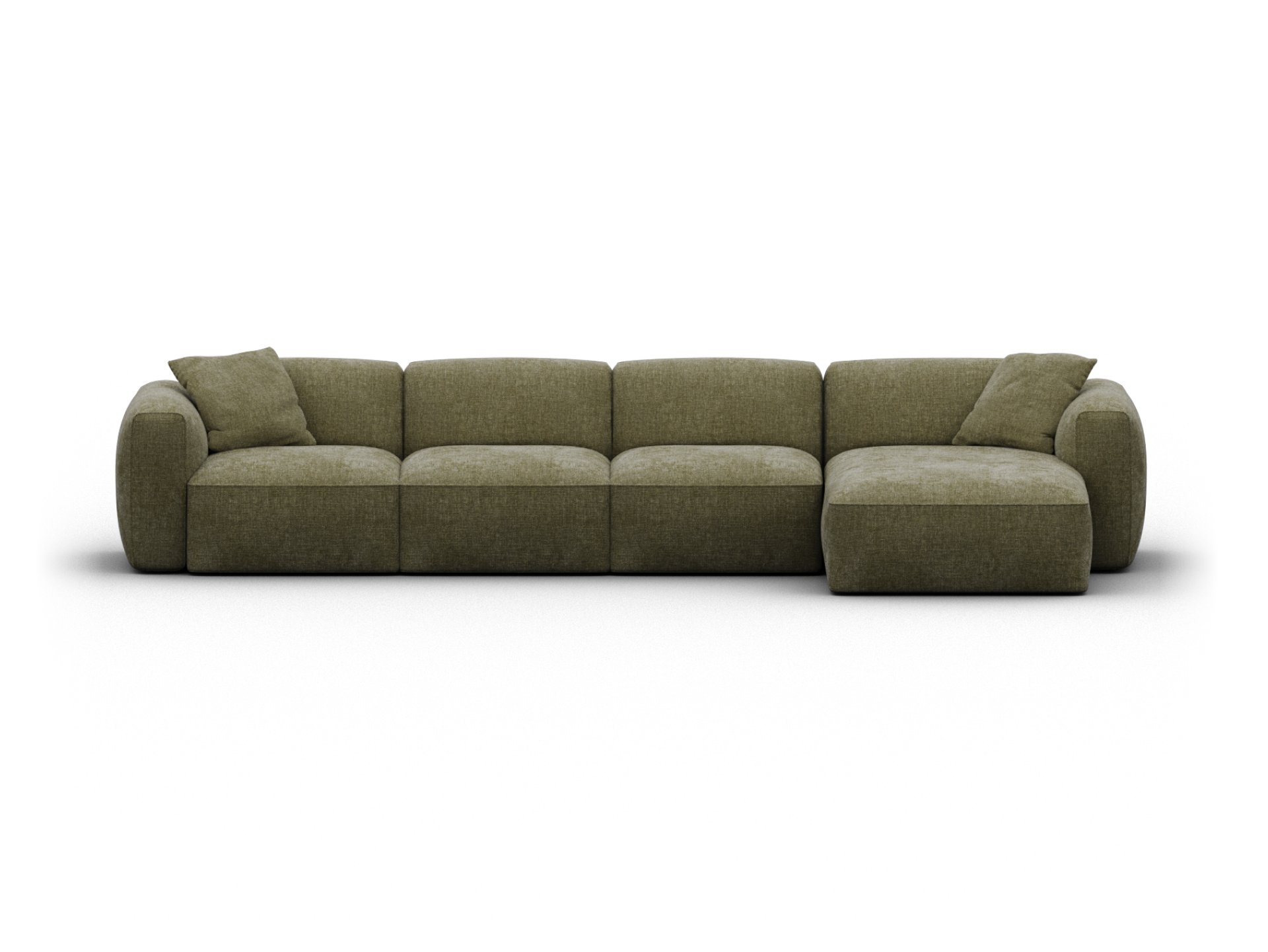 Luxury olive-green fabric sectional sofa with deep cushioning, rounded arms, and modular design. Perfect for a contemporary living room.