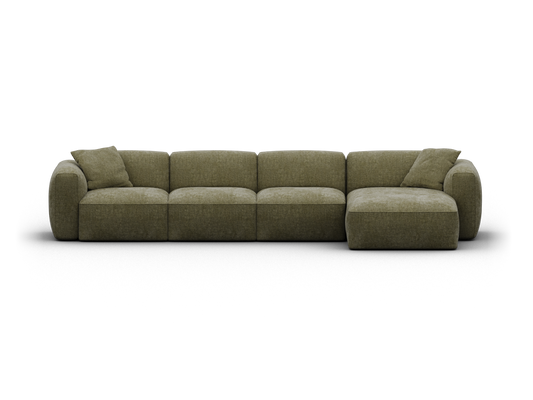 Luxurious olive-green fabric modular sofa featuring plush cushions and a sleek modern design, perfect for elevating a sophisticated living room setting.