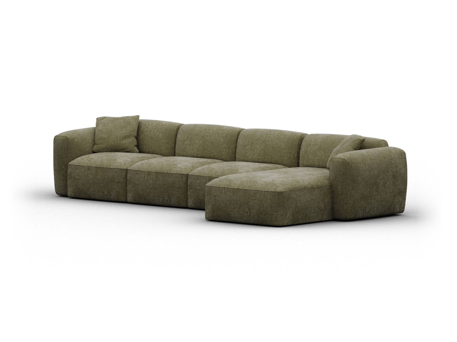 Luxurious olive green sectional sofa in plush fabric, features deep seating and modular design. Perfect for sophisticated living spaces.