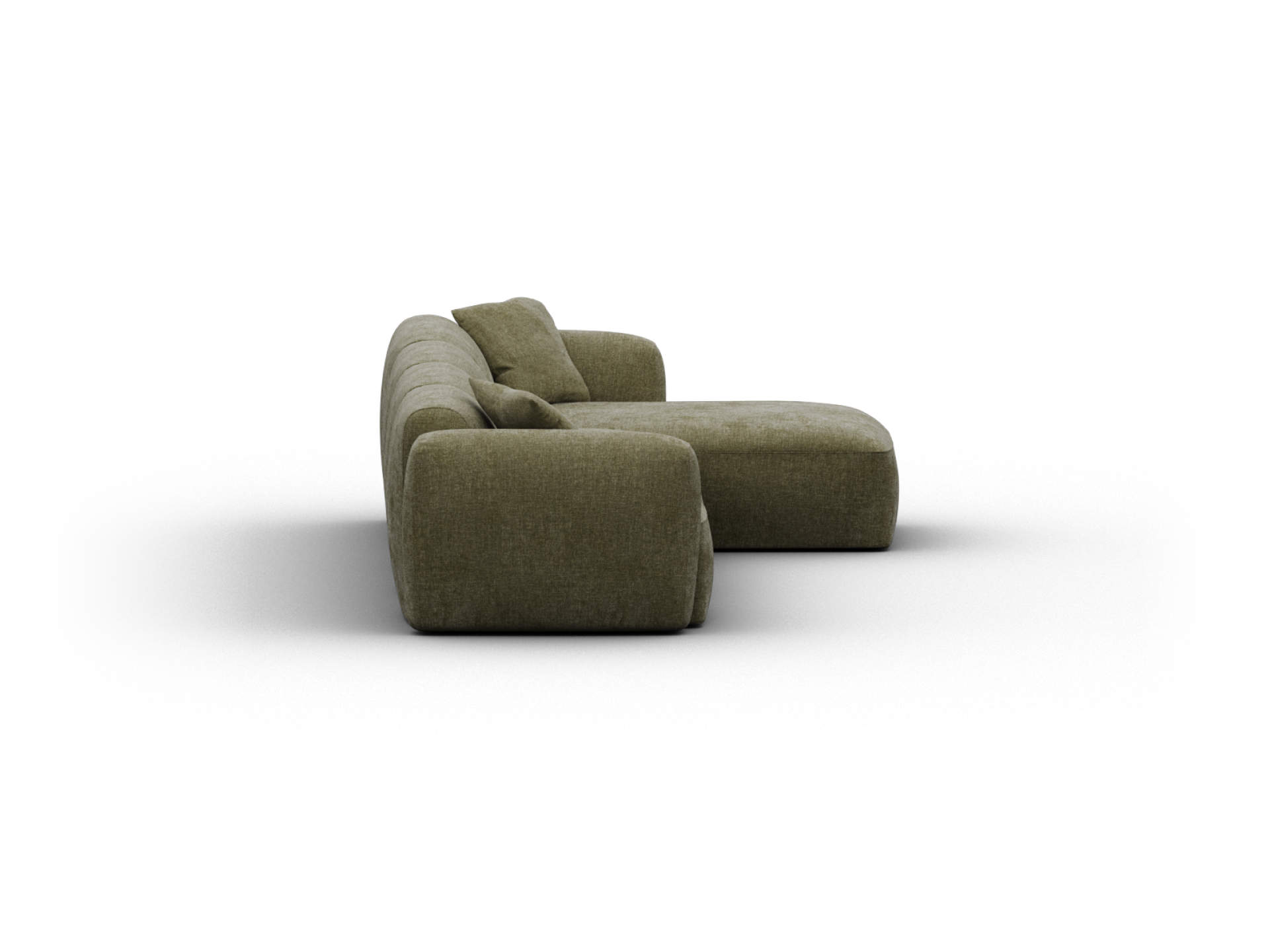 Luxurious olive green sectional sofa in plush fabric, featuring deep seating and clean lines. Perfect for a modern living room setting.