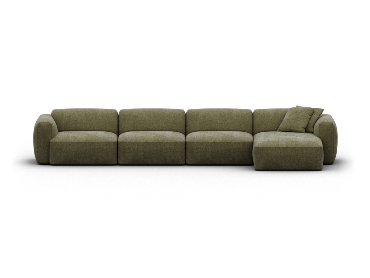 Olive green modular sofa in plush fabric with round armrests, versatile ottoman, and matching cushions. Perfect for sleek, modern living spaces.