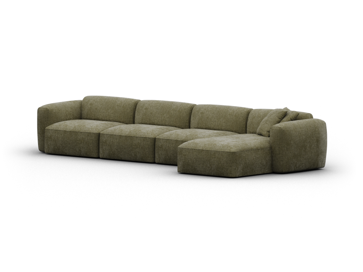 Modular olive green fabric sectional sofa with deep seats and chaise lounge, featuring plush cushions and sleek lines, ideal for a contemporary living space.