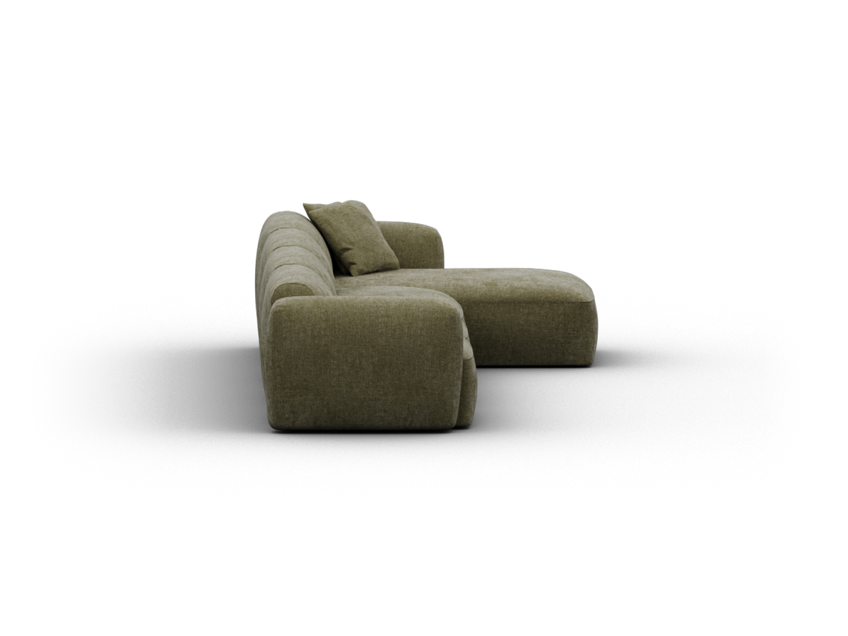 Olive green sectional sofa, upholstered in plush fabric, featuring deep seats and minimalist lines. Perfect for a chic, contemporary living space.