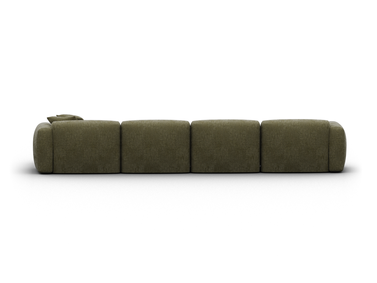 Modern olive green modular sofa with soft fabric upholstery, streamlined silhouette, and deep seats. Perfect for a contemporary living room setting.