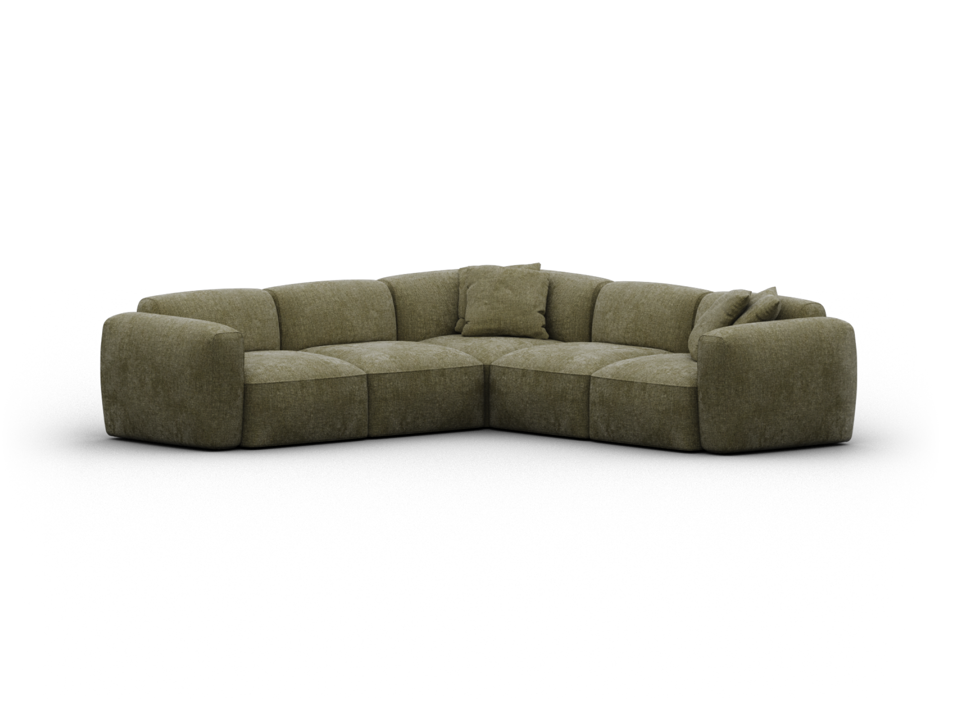 Luxurious olive green modular sectional sofa in plush fabric, featuring deep seats and wide armrests. Perfect for a sophisticated living room setting.