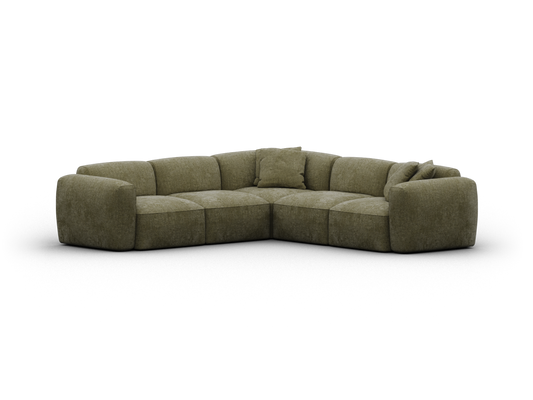 Luxurious green velvet sectional sofa with plush cushions, deep seats, and a modern, modular design, perfect for a sophisticated living room.