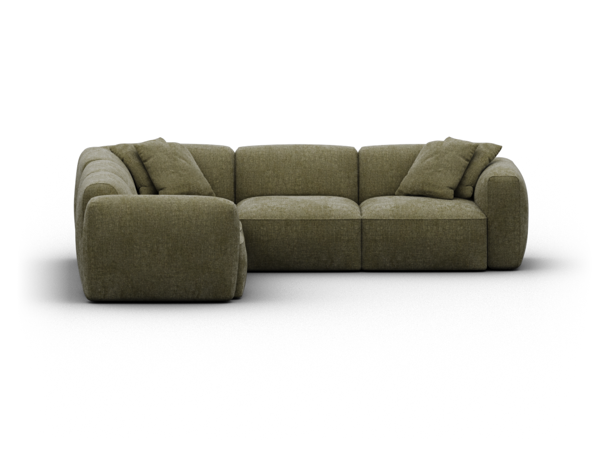 Luxurious olive green sectional sofa with plush, rounded cushions, upholstered in premium fabric. Features modular design ideal for elegant living rooms.