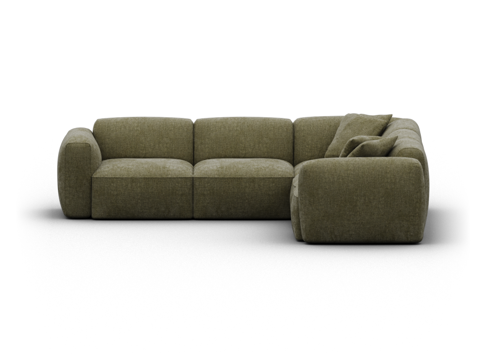 Luxurious olive green sectional sofa in plush fabric. Features wide, cushioned seats and rounded arms, perfect for contemporary living spaces.