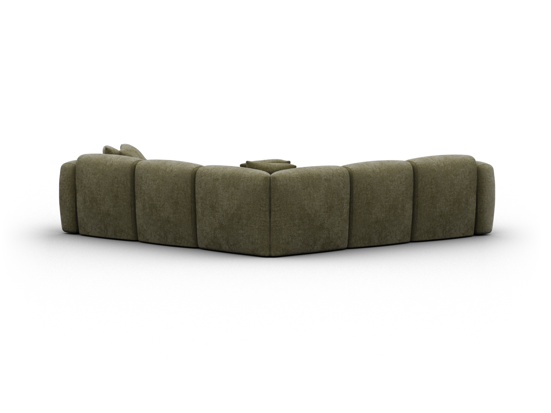 Luxurious olive green sectional sofa featuring plush velvet upholstery and deep cushions. Modern design with clean, elegant lines, perfect for upscale living rooms.