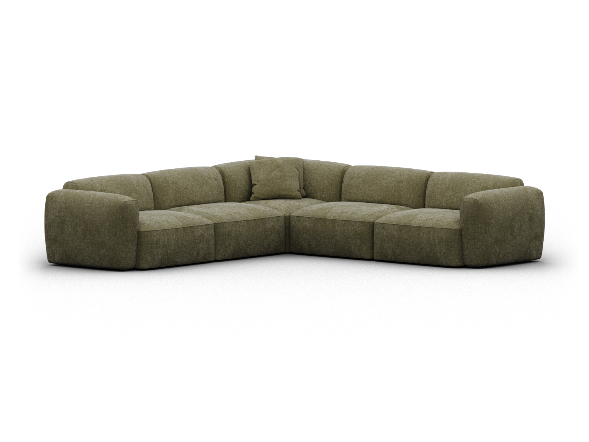 Luxurious L-shaped sectional sofa in rich olive fabric. Plush cushioning, minimalist design. Perfect for contemporary living rooms, offering ultimate comfort.
