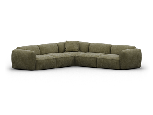 Luxurious olive green fabric corner sofa with plush cushions and deep seating. Modern, minimalist design perfect for contemporary living spaces.