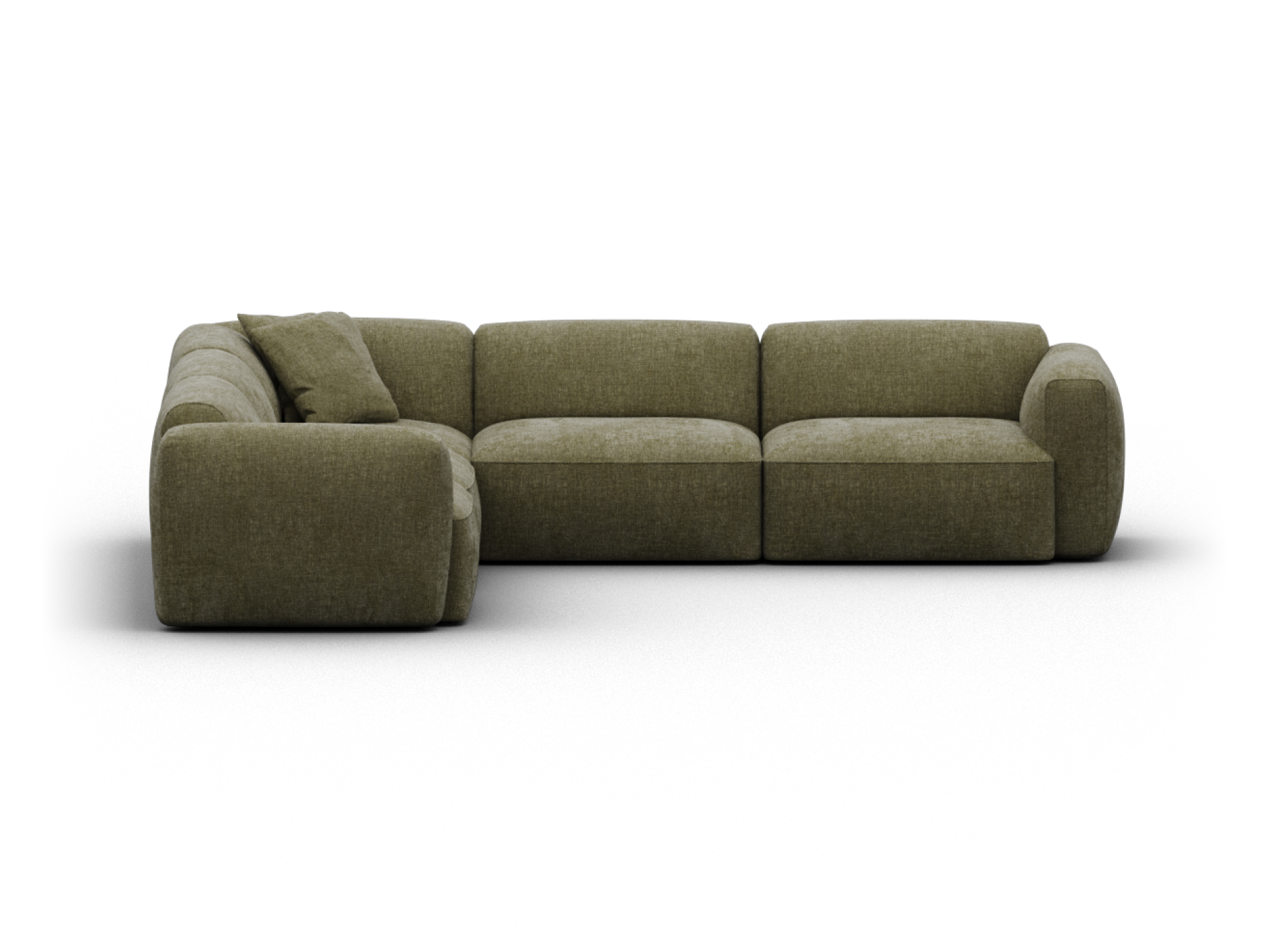 Luxurious olive green sectional sofa in plush fabric with sleek, rounded cushions. Perfect for modern living spaces, exuding comfort and elegance.