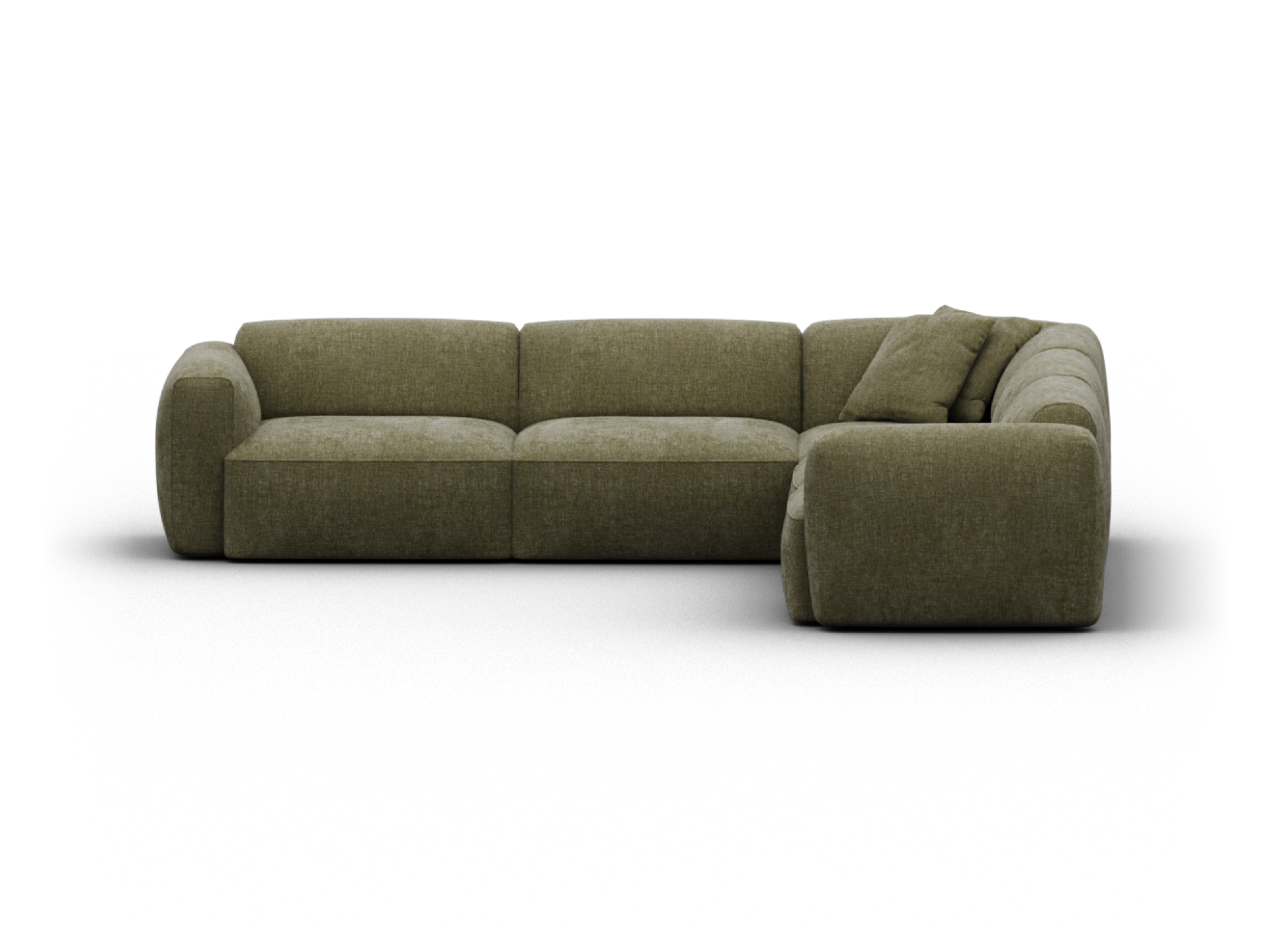 Luxurious olive green fabric sectional sofa with plush, deep seats and rounded arms. Perfect for a sophisticated living room setting.