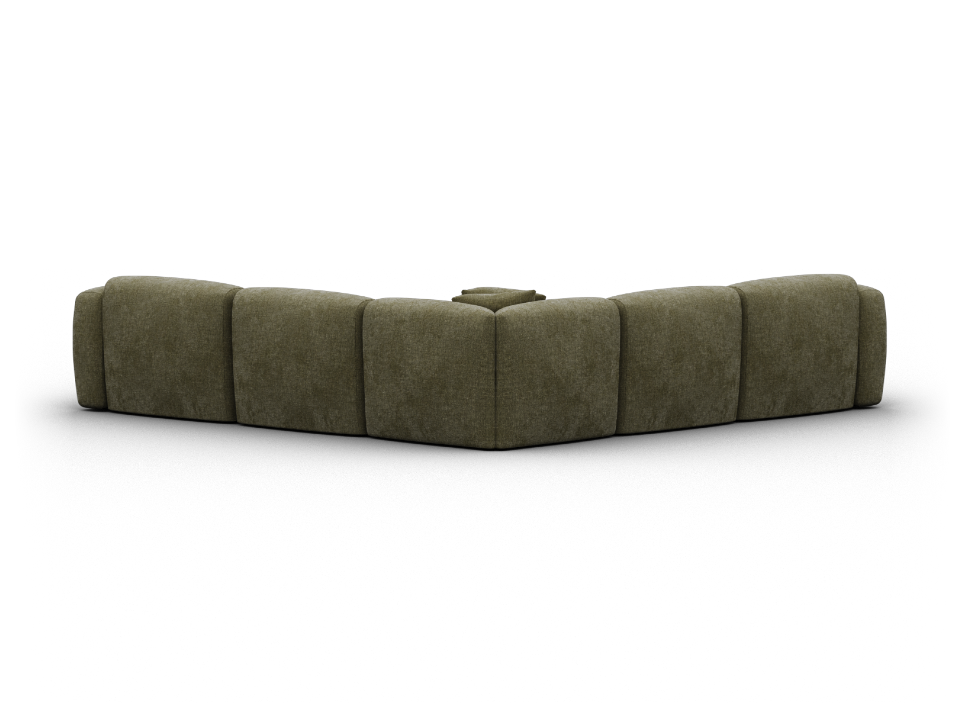 Luxurious L-shaped sectional upholstered in olive green velvet, featuring deep cushioning and tailored panelled design. Ideal for sophisticated lounge settings.