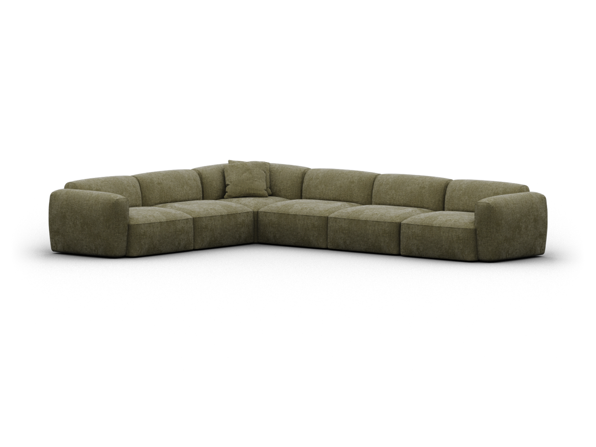 Olive green modular corner sofa crafted with plush upholstery. Features deep seating and wide armrests. Perfect for a luxurious, modern living space.