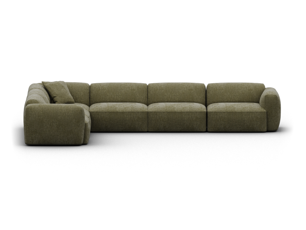 Luxurious olive green sectional sofa featuring plush fabric upholstery and modular design, perfect for modern living spaces seeking comfort and style.