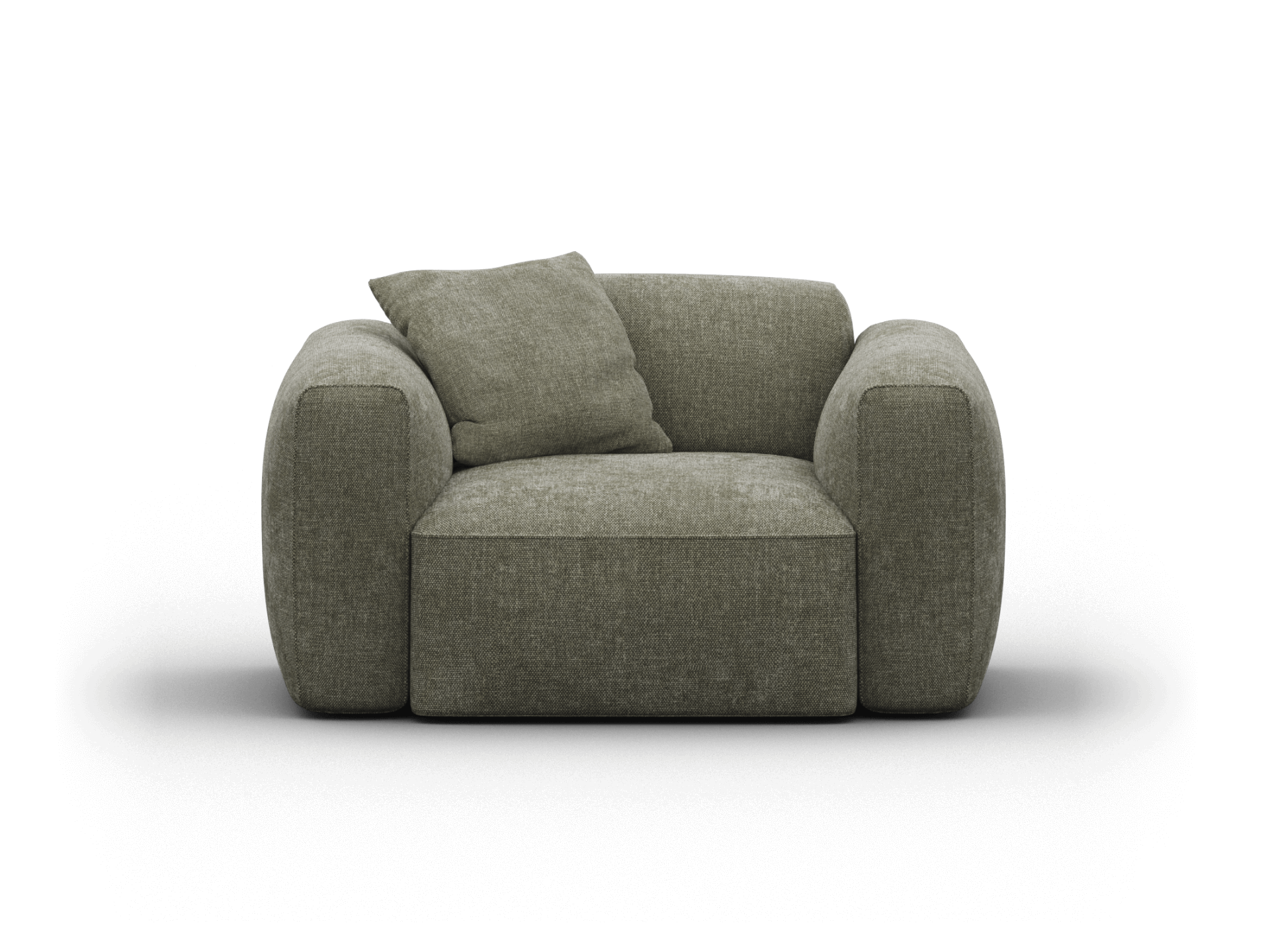 Luxurious armchair in taupe textured fabric, featuring plush cushioning and rounded armrests. Perfect for a sophisticated living space.