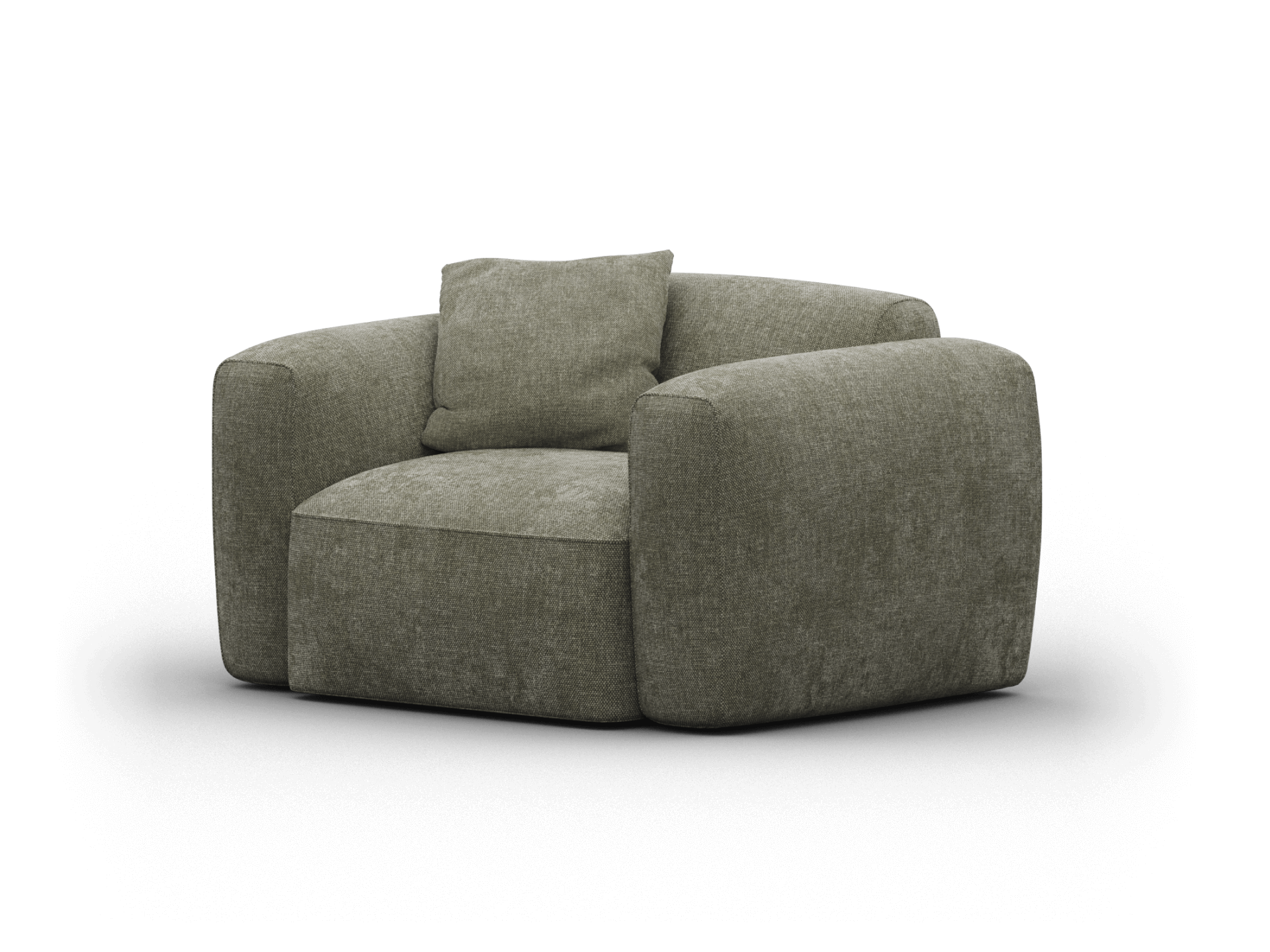 Luxurious round swivel armchair in rich olive green fabric, featuring plush cushioning and wide armrests. Perfect for modern living spaces.