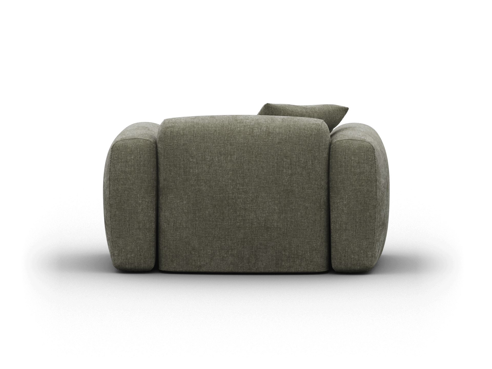 Luxurious olive green armchair in textured fabric, featuring a boxy silhouette with plush cushioning. Ideal for a sophisticated living room setting.