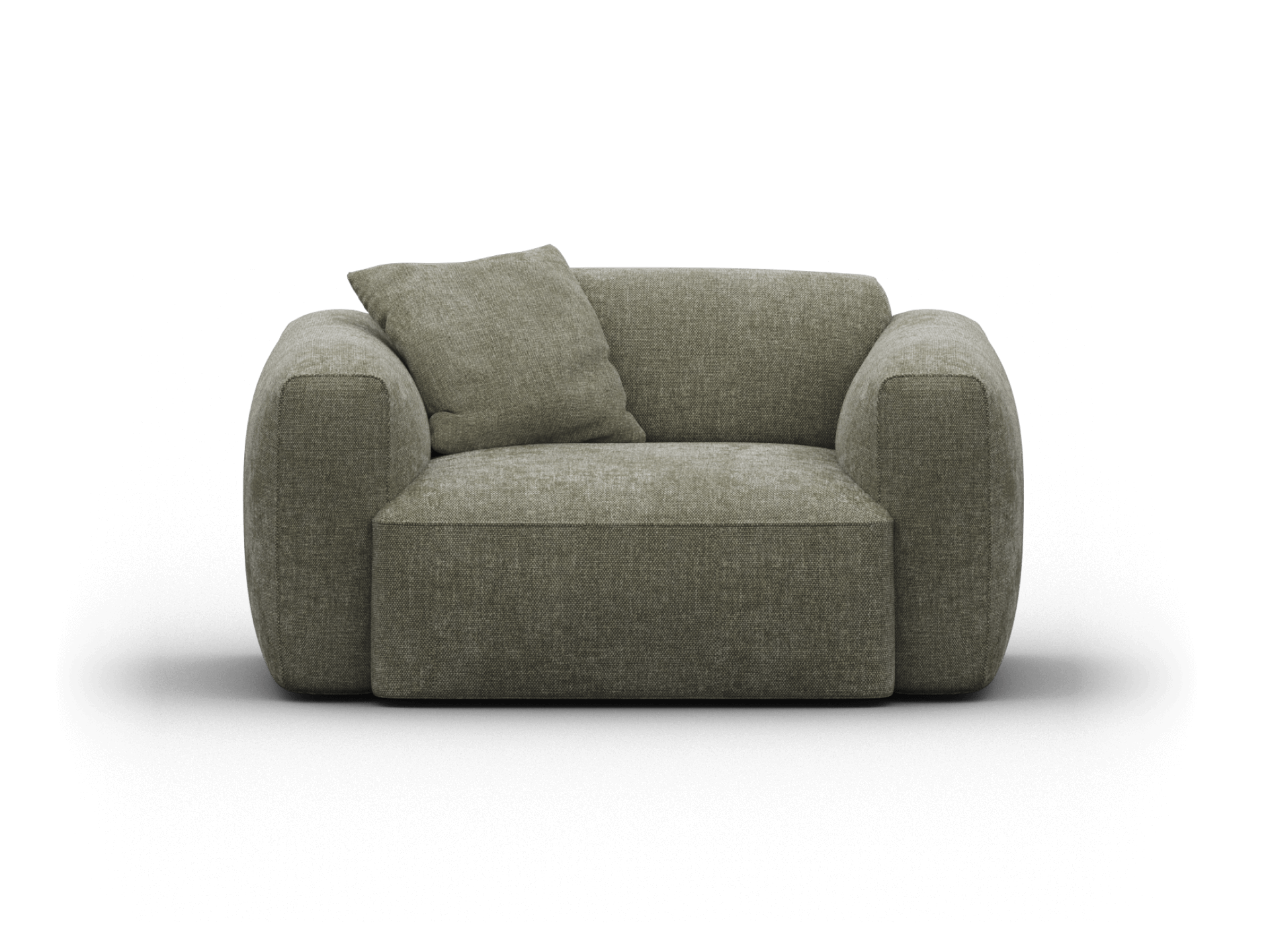Luxurious olive green fabric armchair with plush cushions, featuring a modern boxy design and rounded edges, ideal for chic living room settings.