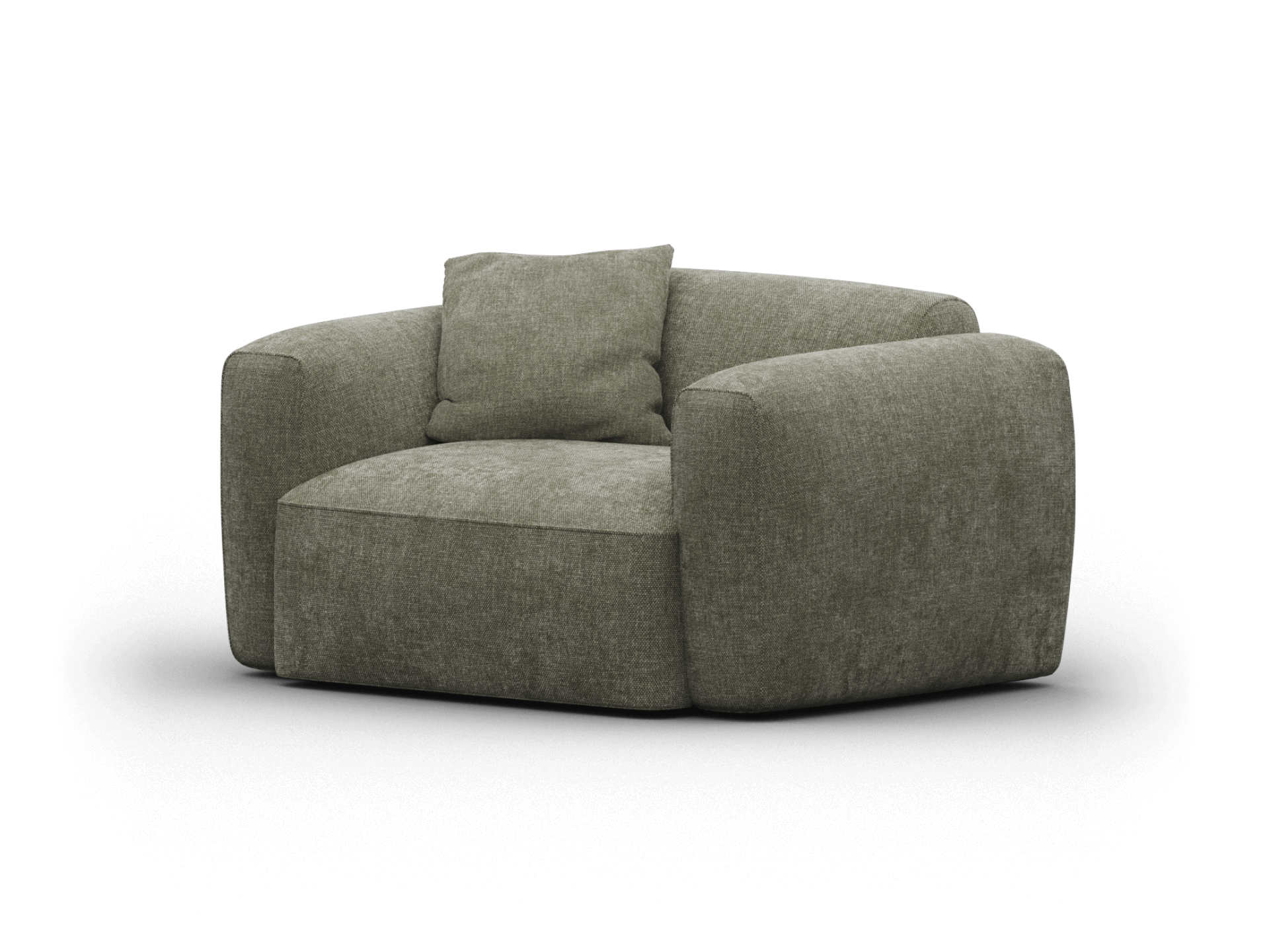 Luxurious round armchair in textured olive green fabric, featuring plush cushioning and modern design. Ideal for upscale living spaces.
