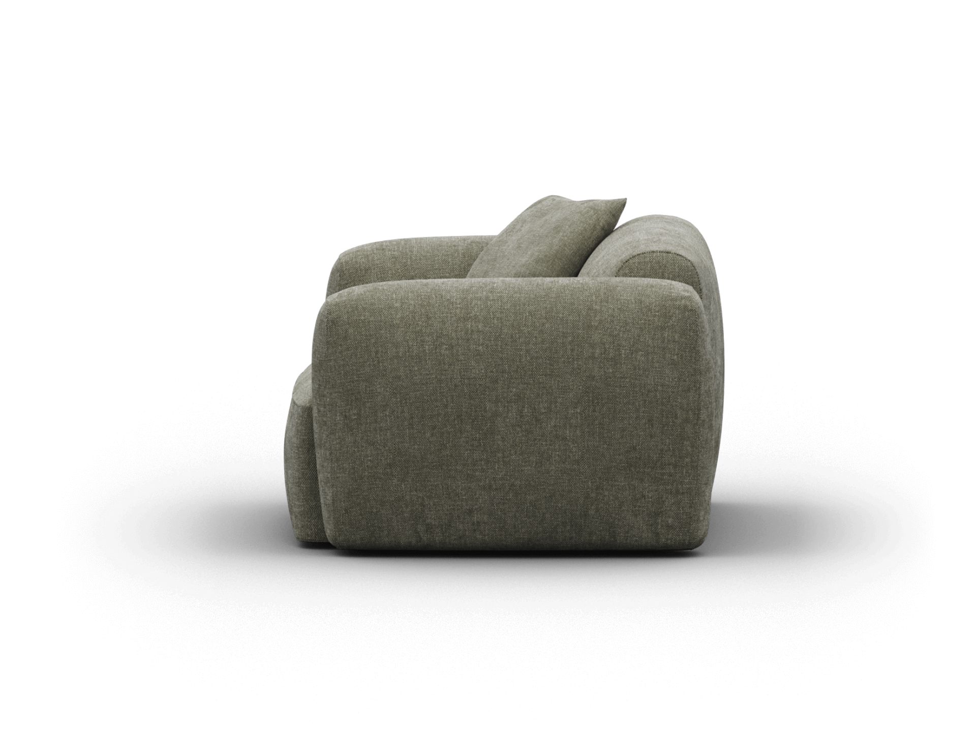 Luxurious, modern sofa with plush olive-green upholstery. Features a minimalist silhouette with a deep seat and rounded arms, perfect for sophisticated living spaces.