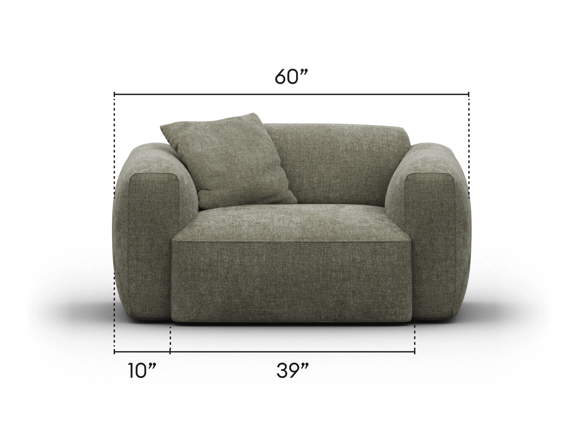 Luxurious olive-hued armchair with plush, rounded edges upholstered in premium textured fabric. Features deep seating and a matching cushion. Ideal for contemporary living spaces.