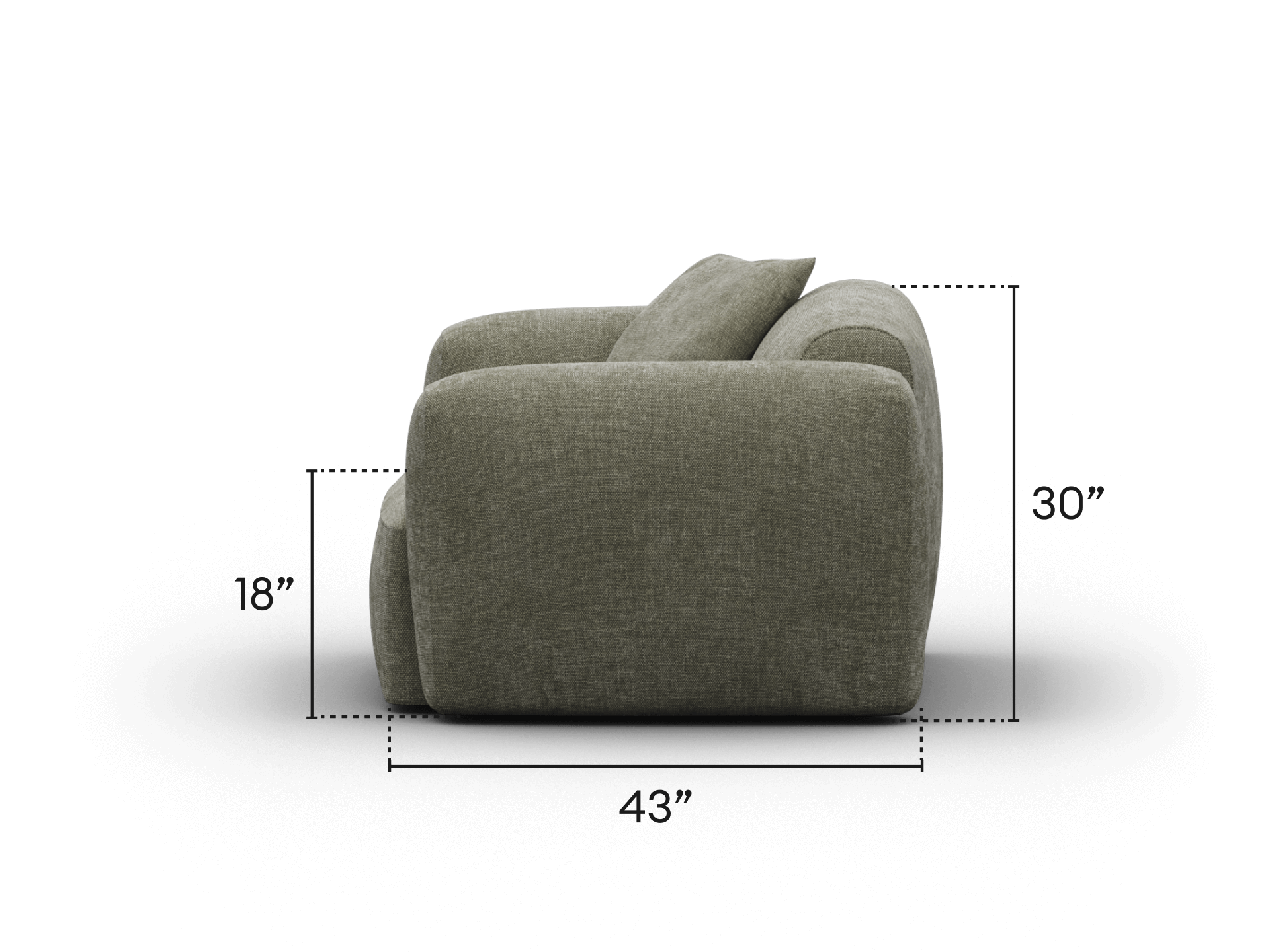 Luxurious olive green fabric sofa with plush cushioning and sleek, rounded arms. Dimensions 106cm H x 76cm W x 122cm L. Ideal for modern living rooms.