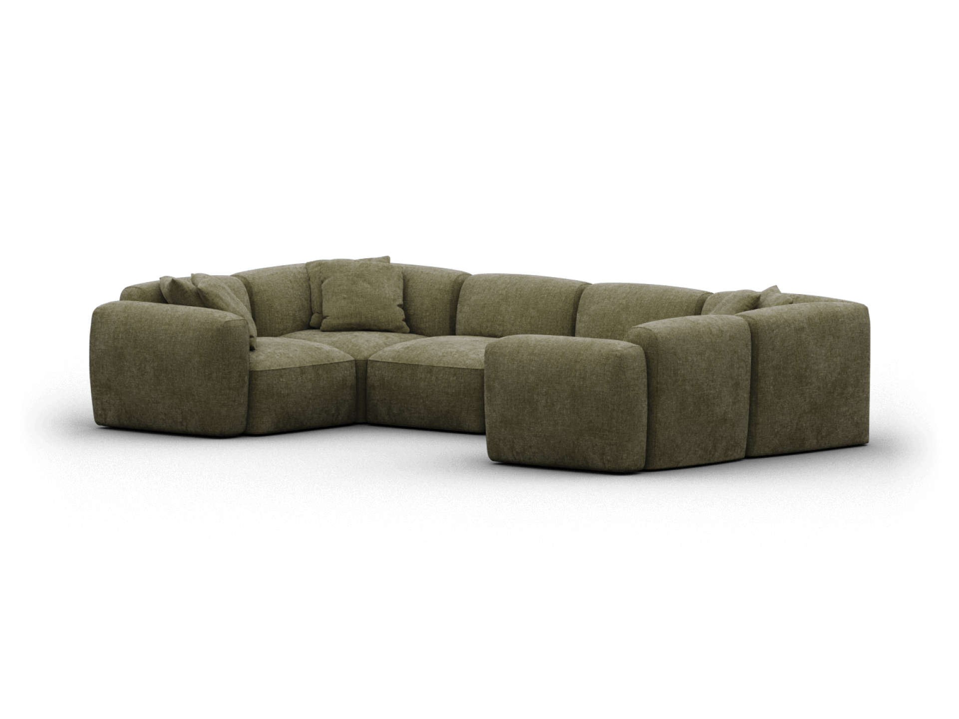 Luxurious olive green sectional sofa in plush fabric, featuring deep cushions and modular design. Perfect for a contemporary living room setting.