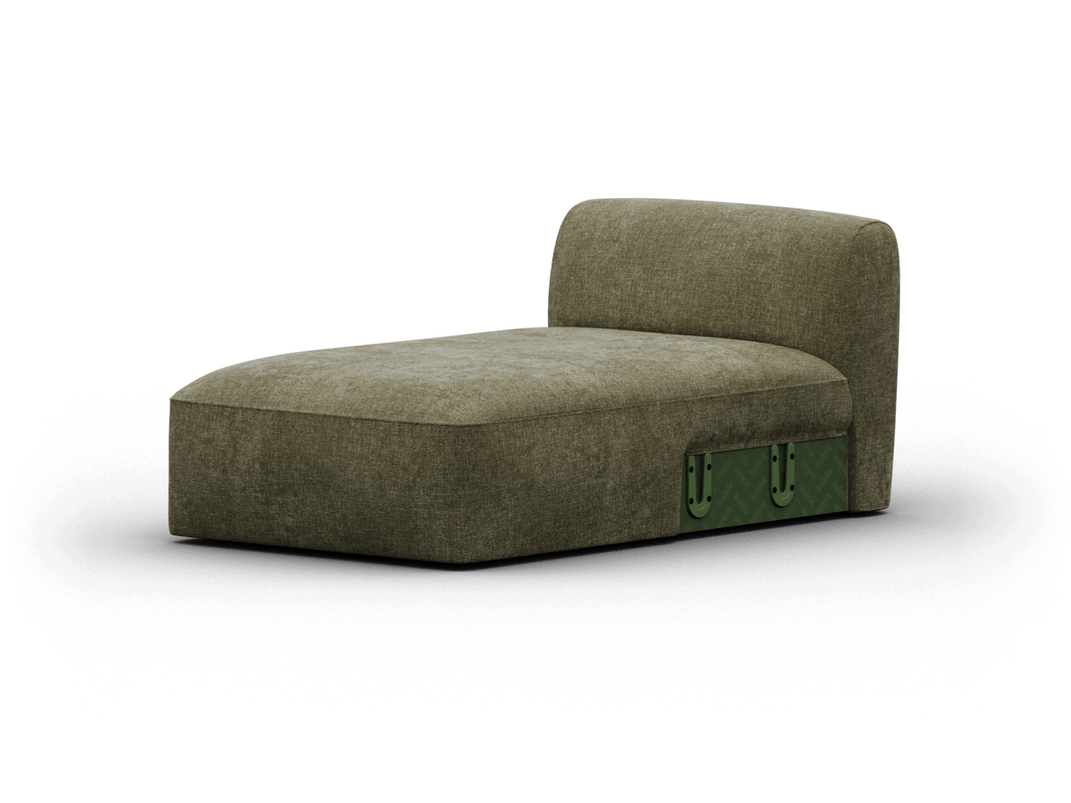 Luxurious olive green fabric chaise lounge with a sleek curved backrest, featuring discreet storage and sophisticated buckle details, perfect for modern living spaces.