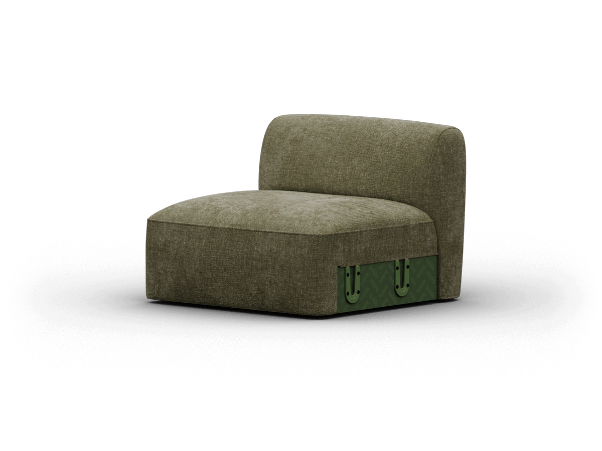 Olive green armless lounge chair featuring plush upholstery and sleek piping. Accented with a minimalist, modern metal base. Ideal for a sophisticated living room.