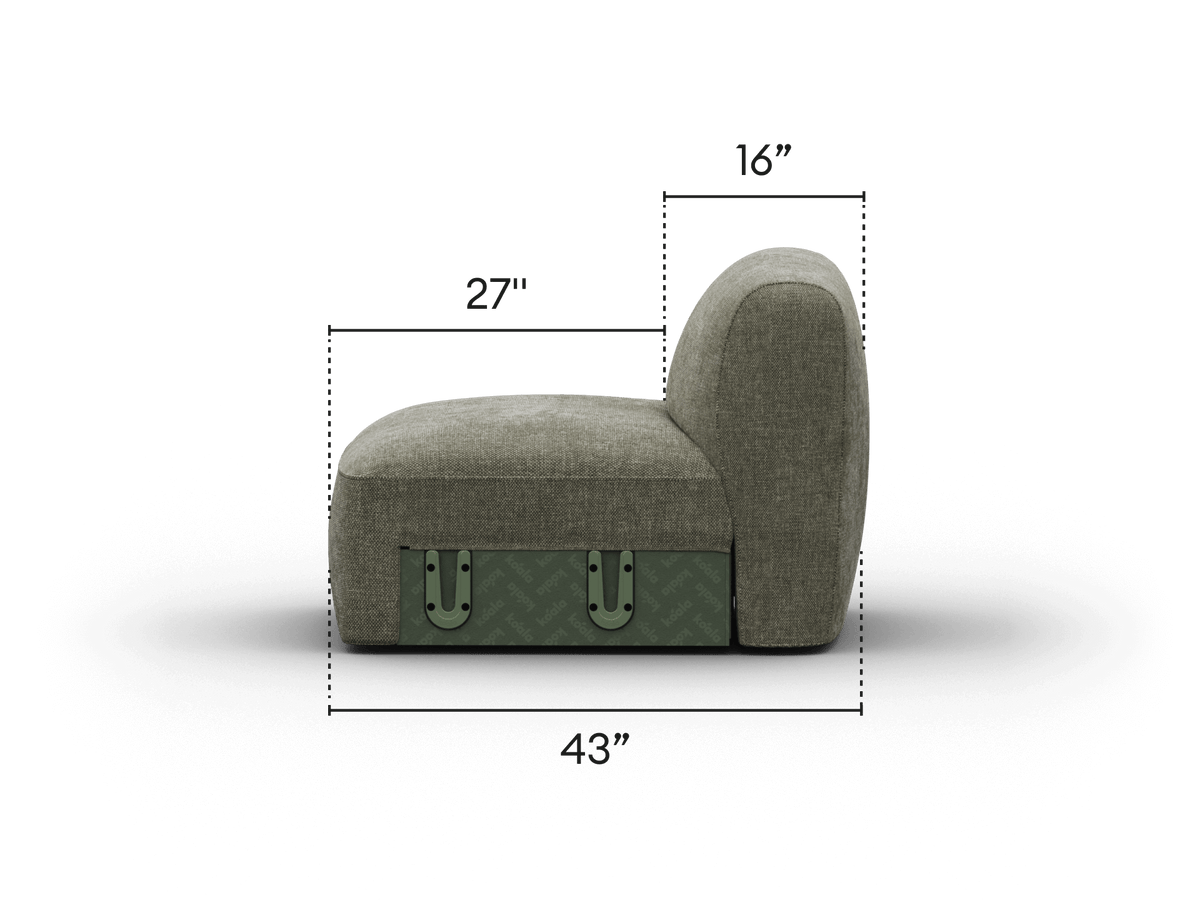 Luxurious armless chair, featuring a plush grey fabric and metal under-seat storage with elegant latches. Ideal for modern living spaces.