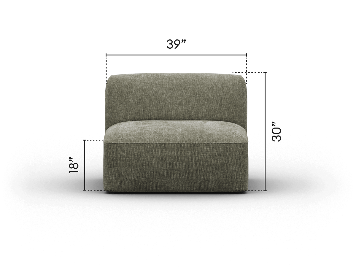 Green fabric armless chair, featuring a minimalist design with plush upholstery. Ideal for modern lounge settings, offering both comfort and style.