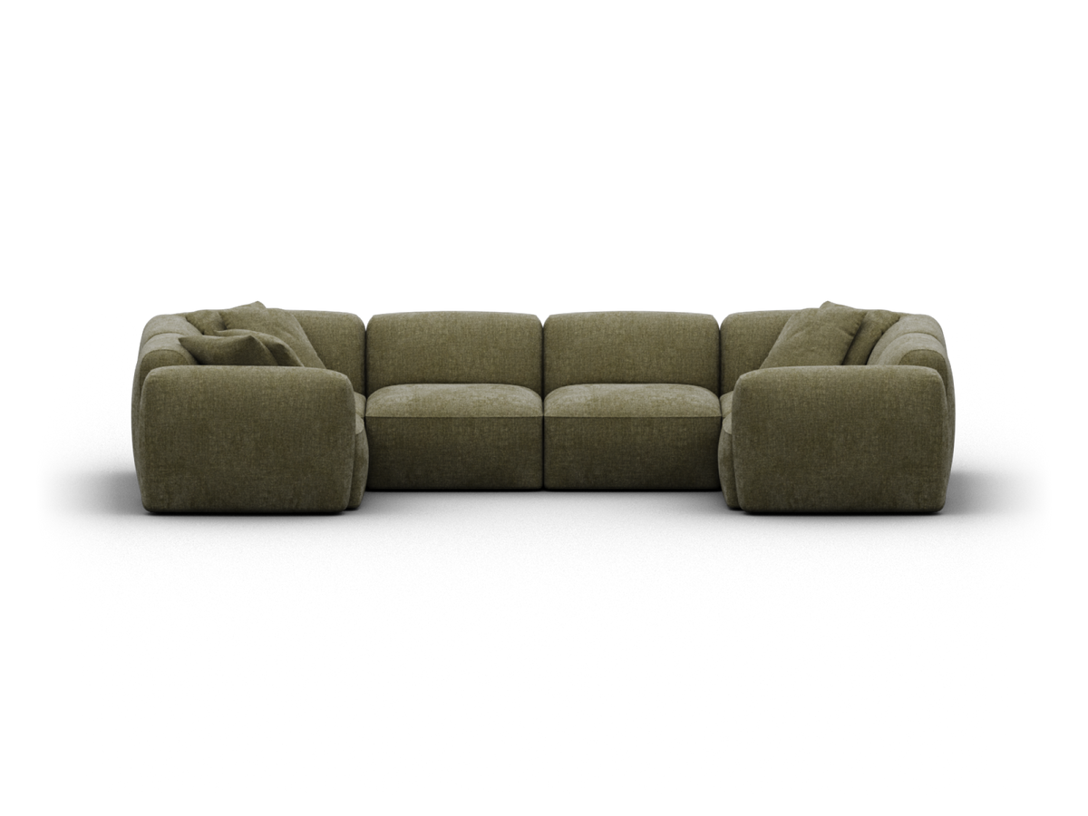 Plush sectional sofa in premium olive green fabric, featuring deep seats and cushioned armrests. Ideal for modern living spaces with a sophisticated ambience.