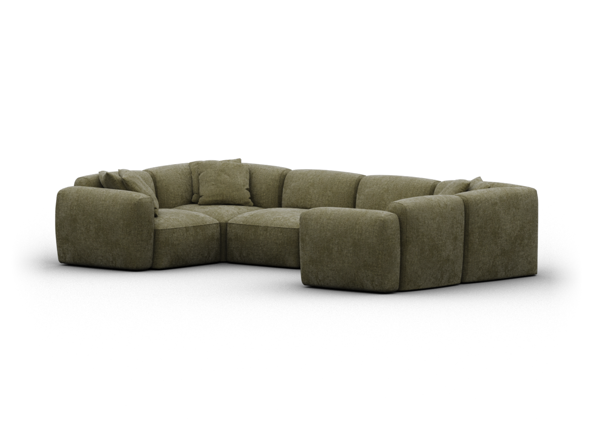 Luxurious olive green sectional sofa, plush upholstery, modular design. Features deep seating and overstuffed cushions. Ideal for contemporary living rooms.