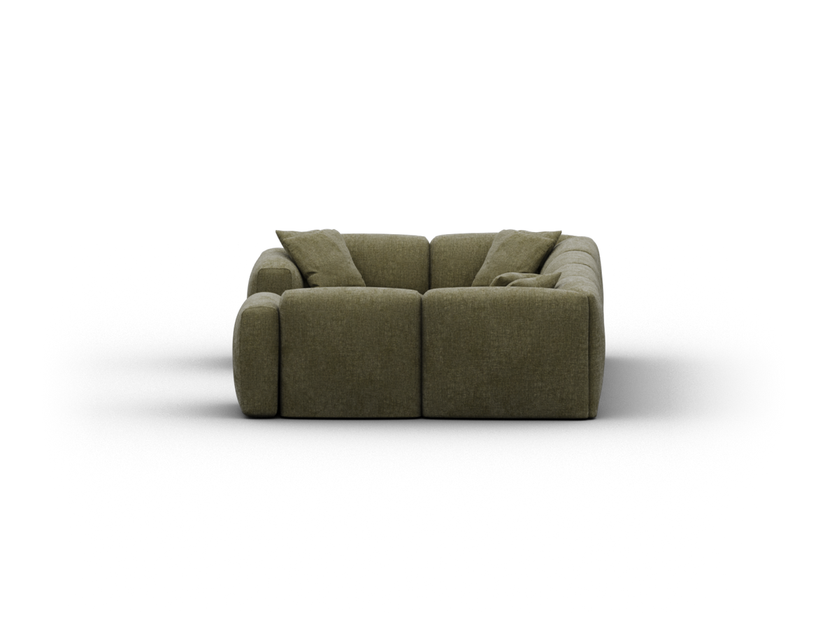 Luxurious olive green fabric sofa with plush cushions and rounded edges, exuding a modern elegance ideal for sophisticated living spaces.