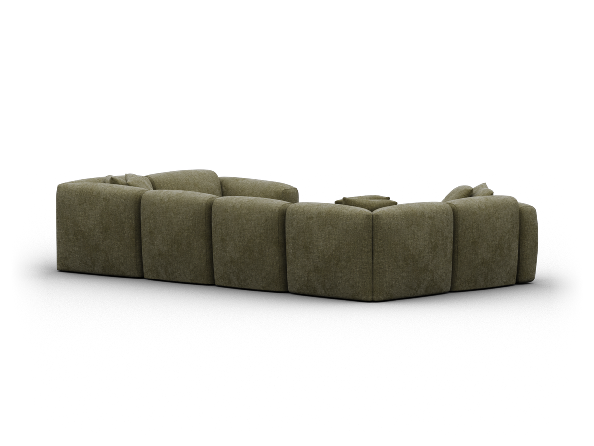 Luxurious olive-green sectional sofa in soft fabric, featuring deep cushions and a modular design, perfect for spacious modern living rooms.
