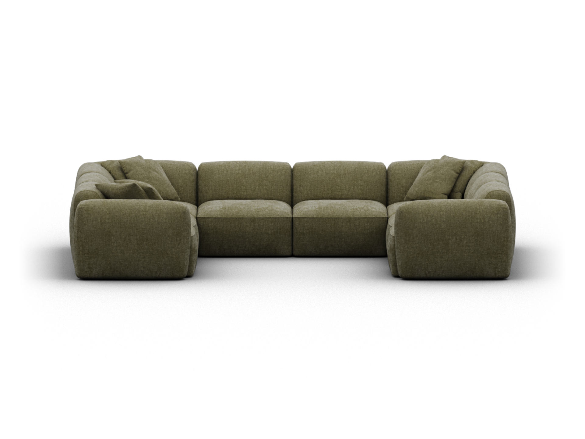 Luxurious olive green sectional sofa in plush fabric, featuring deep seating and curved armrests. Ideal for a sophisticated, contemporary living room.