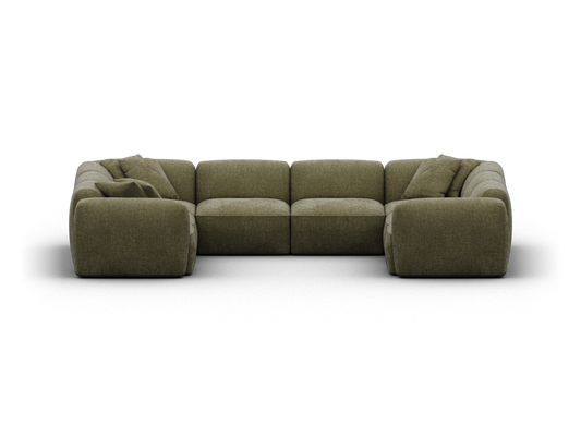 Luxurious modular sectional sofa in olive green fabric, featuring deep cushions and a low-profile, plush design. Ideal for modern living rooms.