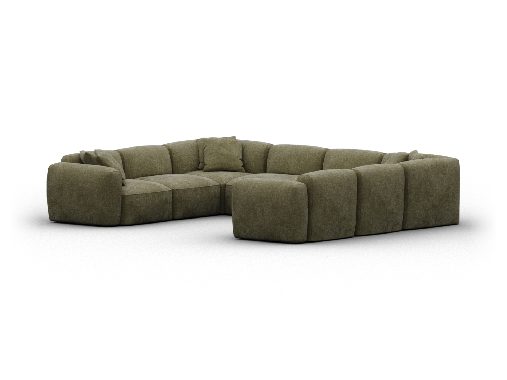 Luxurious olive green sectional sofa, velvet upholstery, modular design, deep cushions, ideal for spacious living rooms, setting a sophisticated tone.