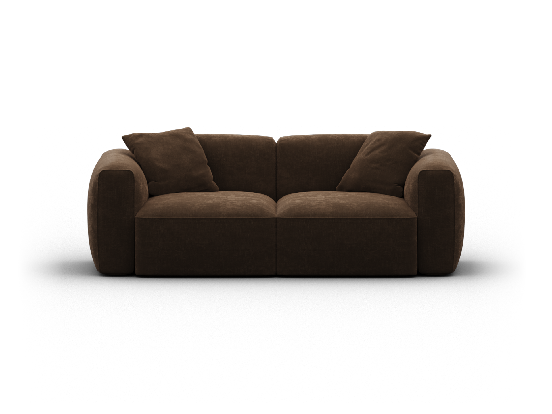 Luxurious two-seater sofa in deep brown velvet, featuring plush, rounded arms and matching cushions, exuding sophistication in a modern living space.