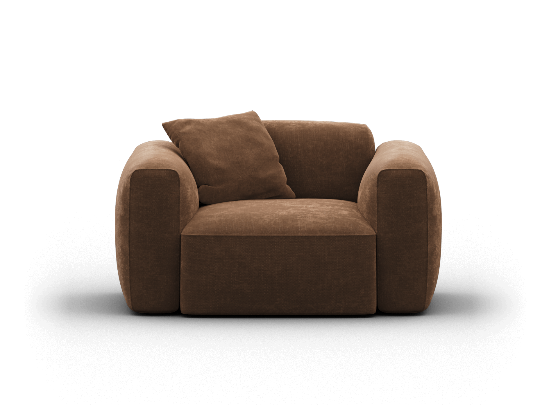 Luxurious brown velvet armchair with plush cushions, featuring rounded armrests and a minimalist design. Perfect for a sophisticated living room setting.