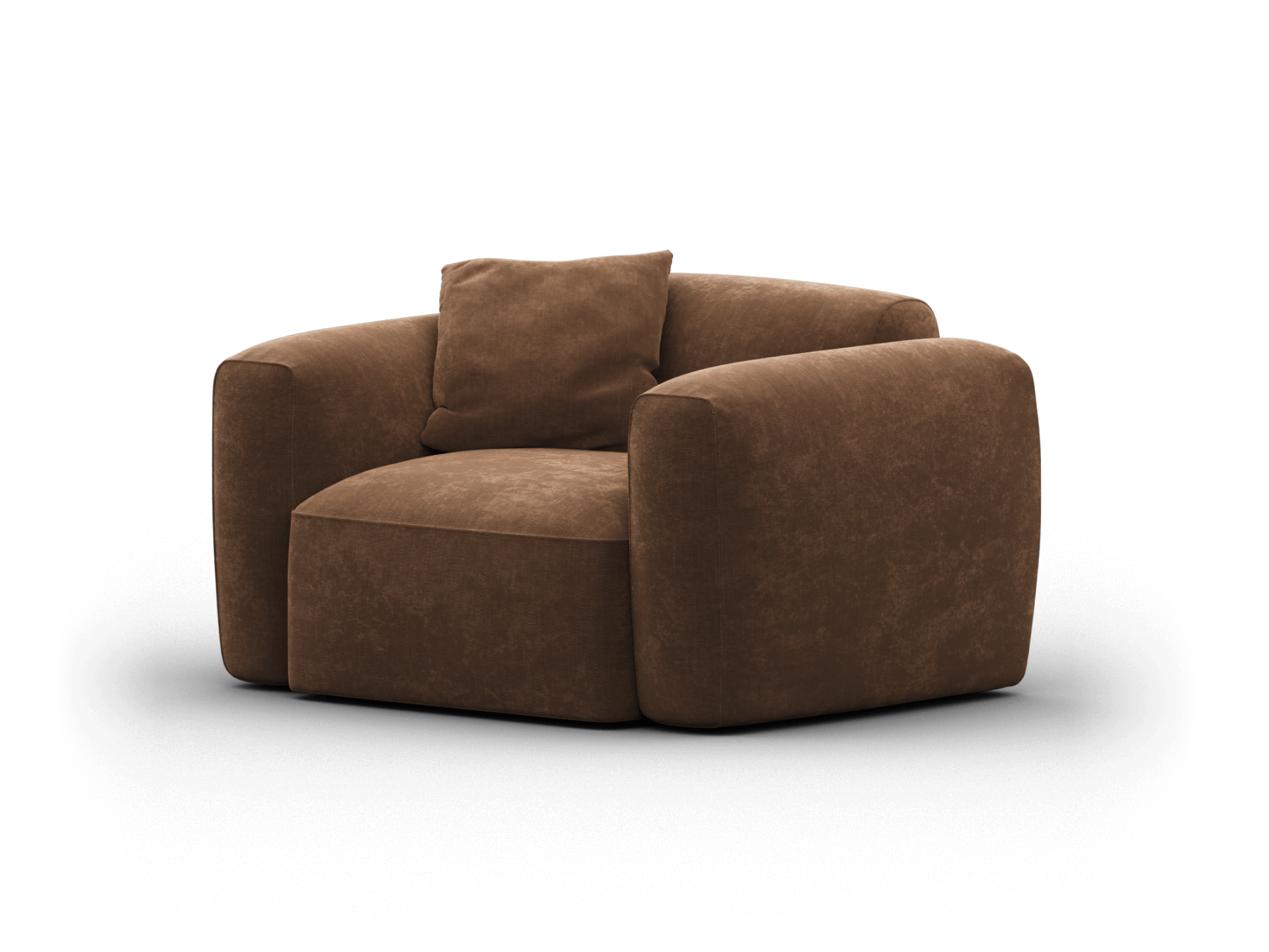 Luxurious brown suede armchair featuring plush cushions and rounded armrests, perfect for a stylish, contemporary living room setting.