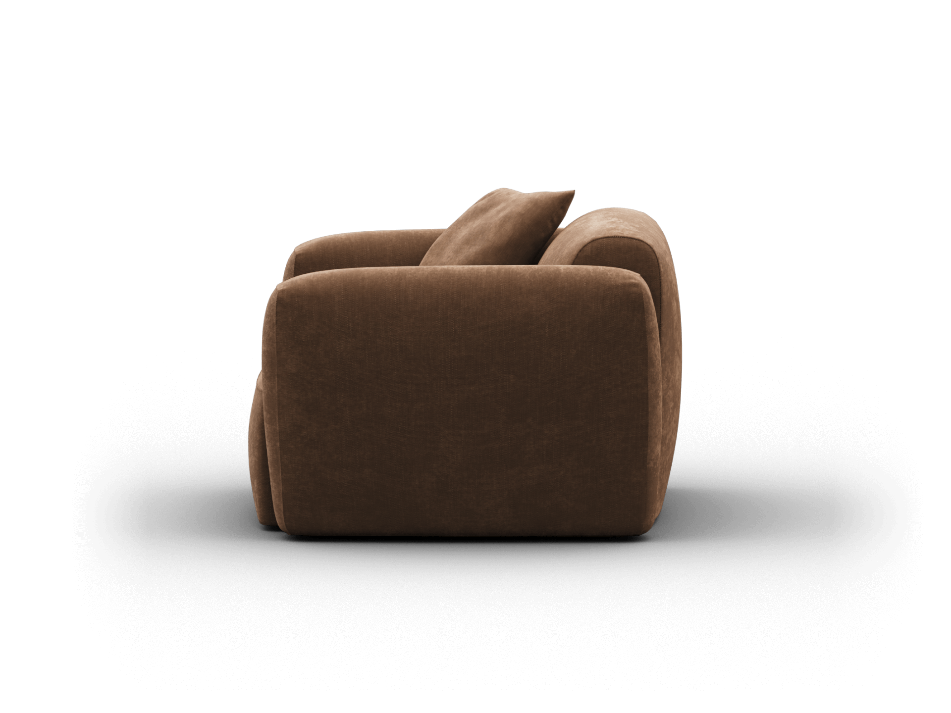 Plush brown upholstered sofa, soft curves, rich velvet finish. Deep cushions enhance comfort. Ideal for sophisticated, modern Australian living spaces.