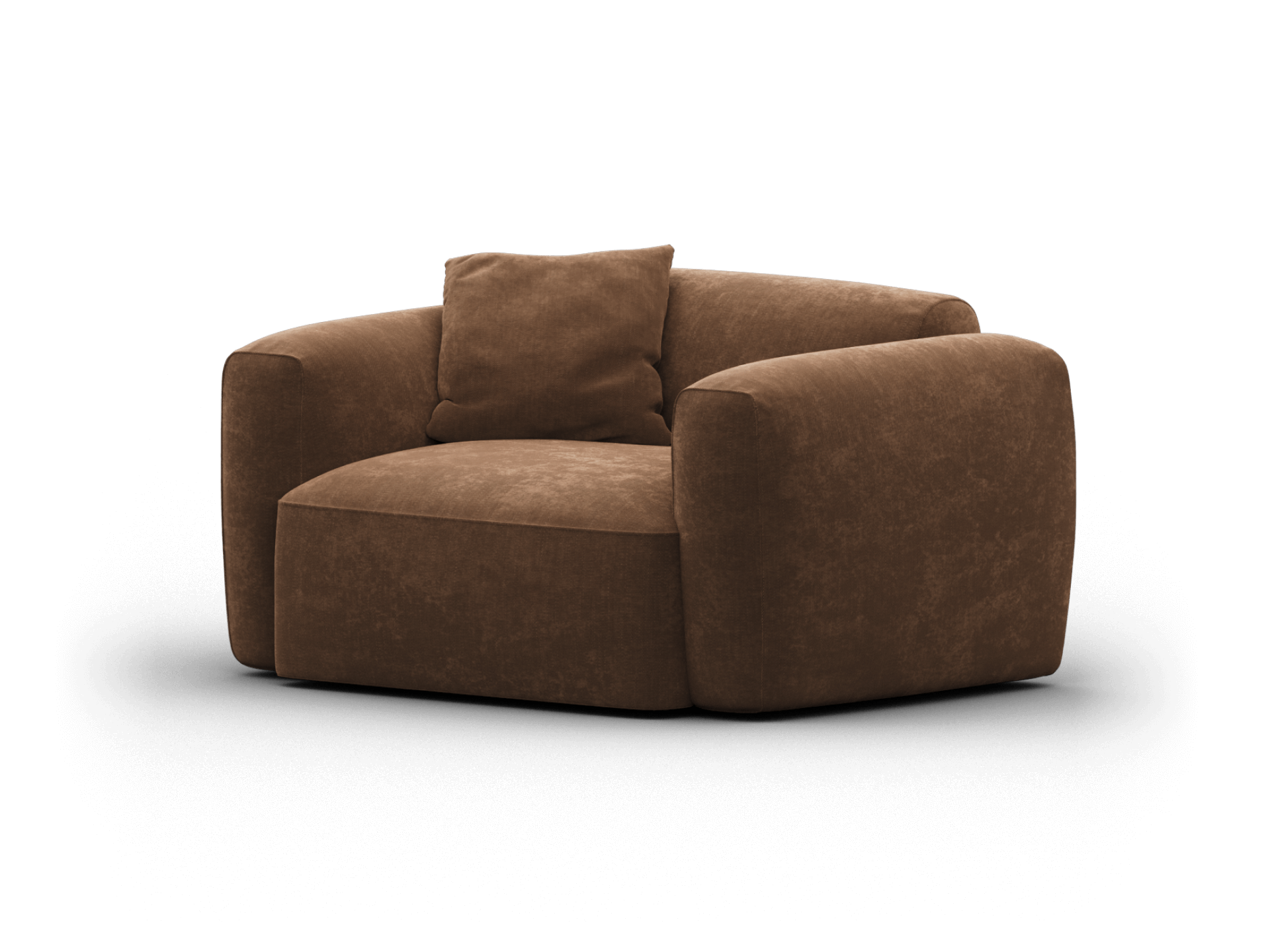 Luxurious brown velvet armchair with rounded edges, deep cushioning, and modern silhouette. Perfect for sophisticated living room settings.