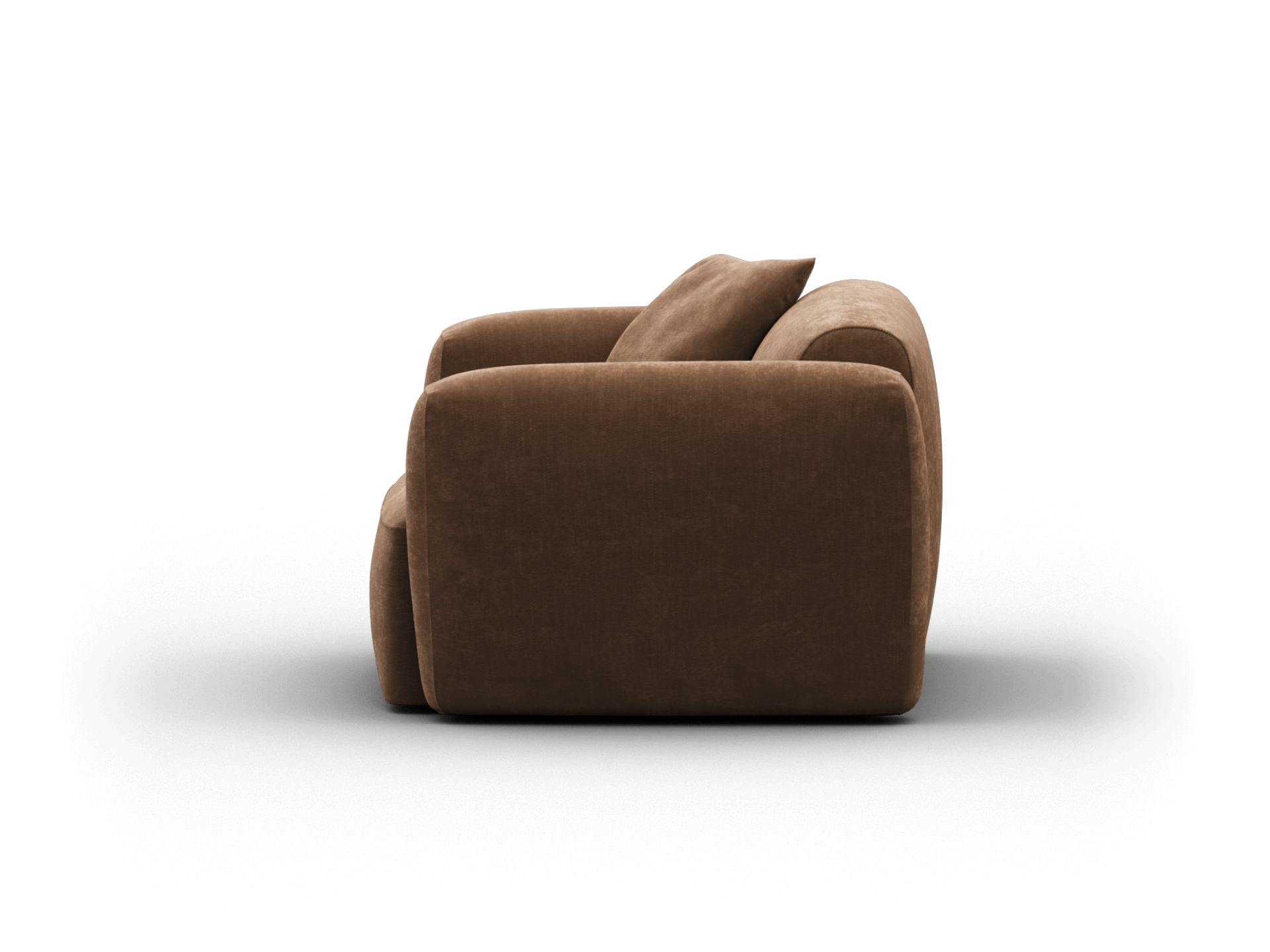 Luxurious brown velvet sofa features plush cushioning and clean, rounded lines. Perfect for a sophisticated living room or modern lounge setting.