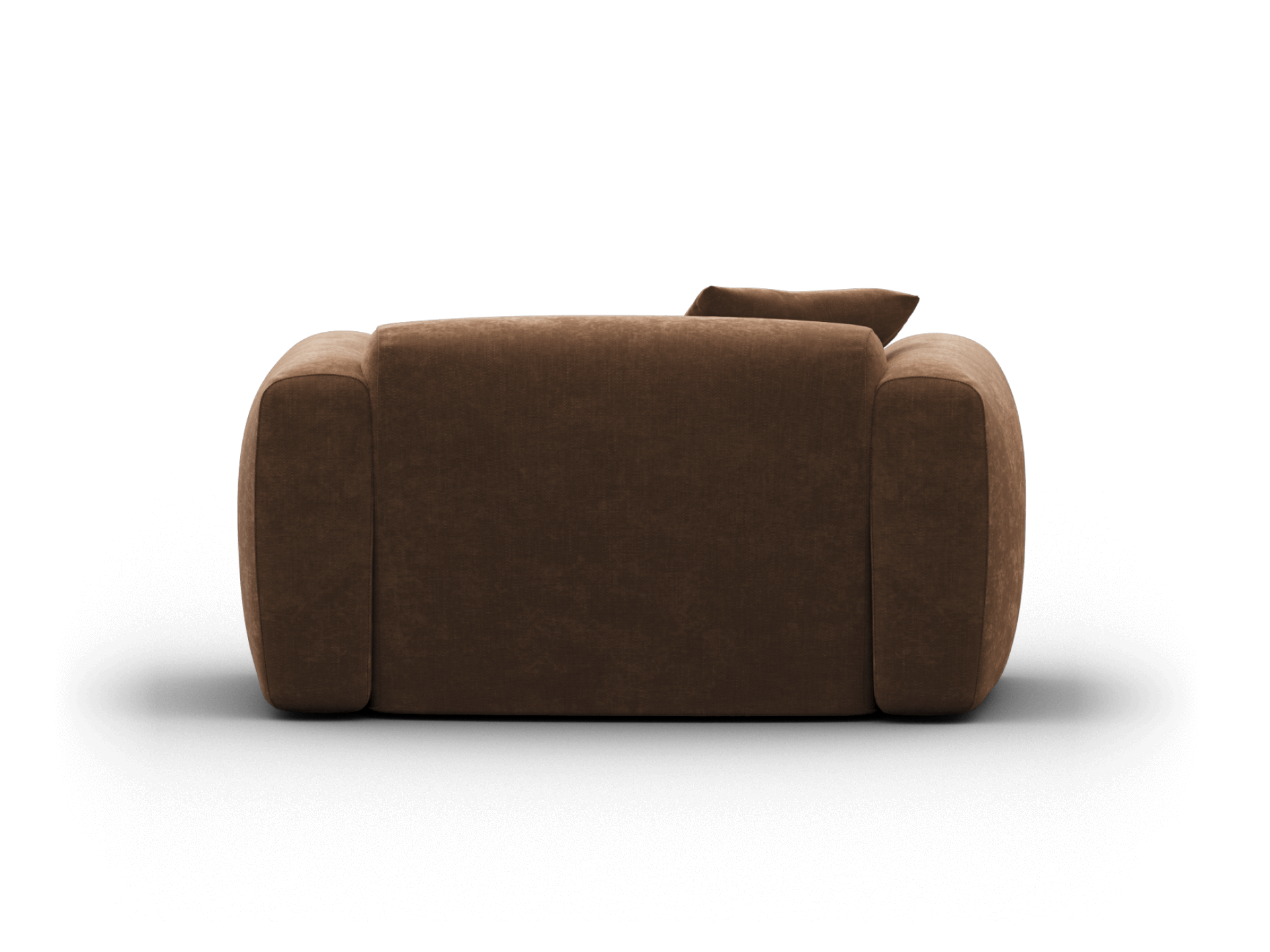 Luxurious brown fabric sofa with plush cushioning and rounded armrests. Features a minimalist design, ideal for contemporary living spaces.