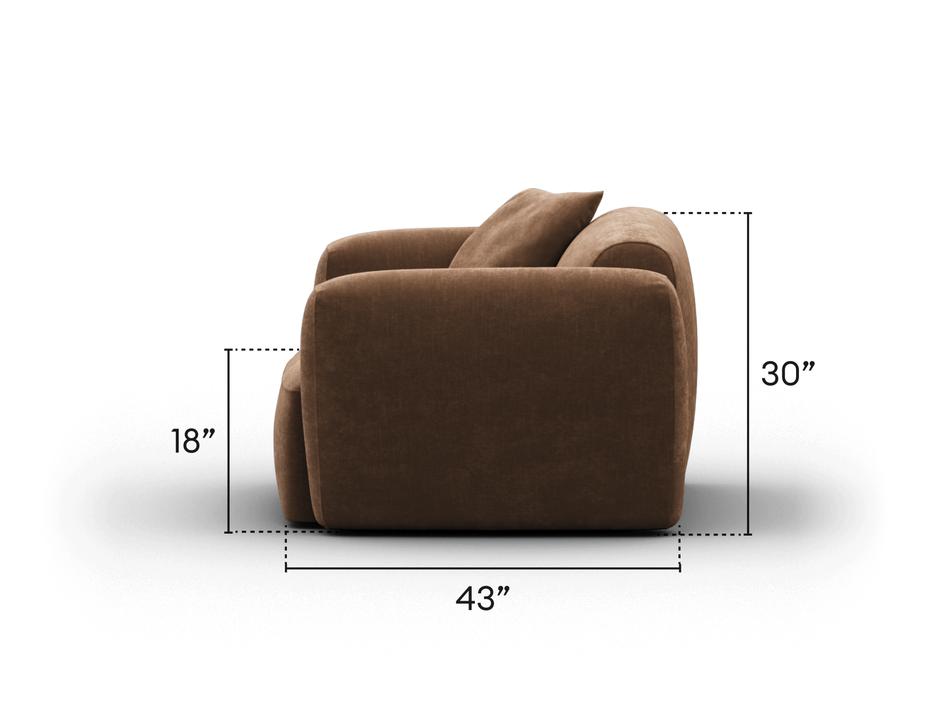 Luxurious brown fabric sofa featuring plush cushions, rounded armrests, and sleek modern lines. Perfect for a sophisticated living room setting.