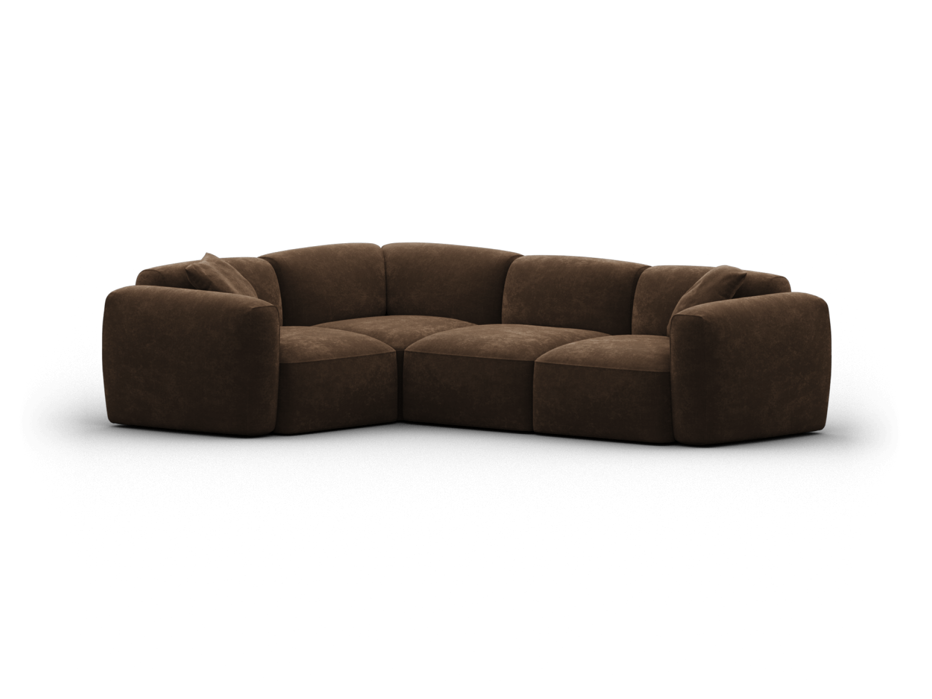 Sophisticated brown modular sectional sofa in plush upholstery. Curved design, deep seating, and plush cushioning. Ideal for a luxurious living area.