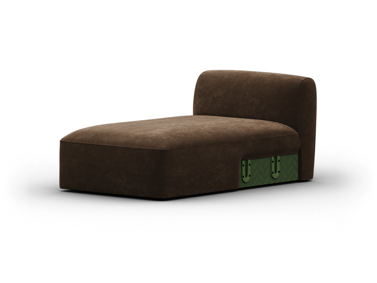 Luxurious brown suede chaise lounge with an elegant curved backrest and discreet side handles. Perfect for a sophisticated living room setting.